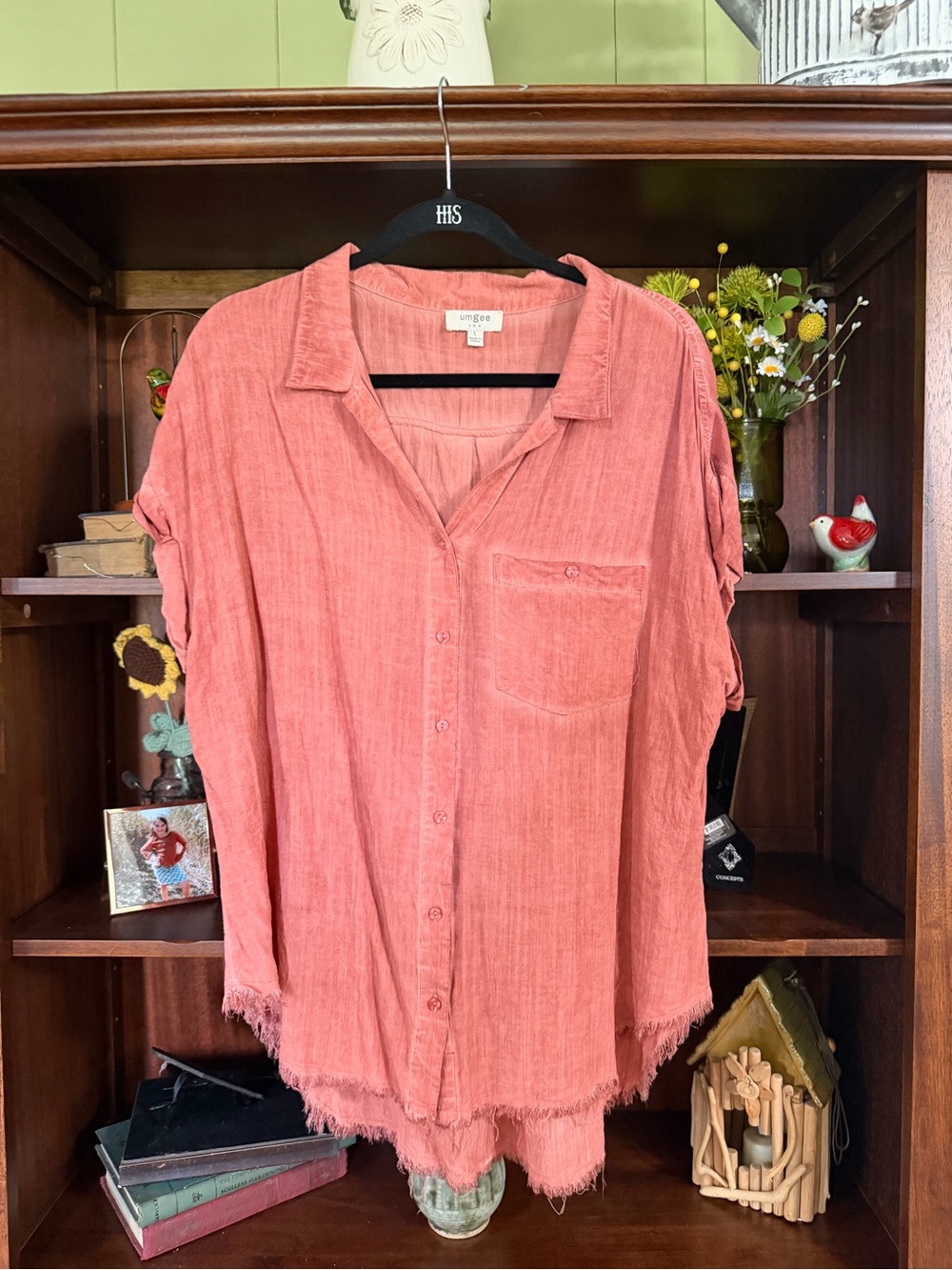 Umgee Coral Button-Front Gauze Shirt with Frayed Hem